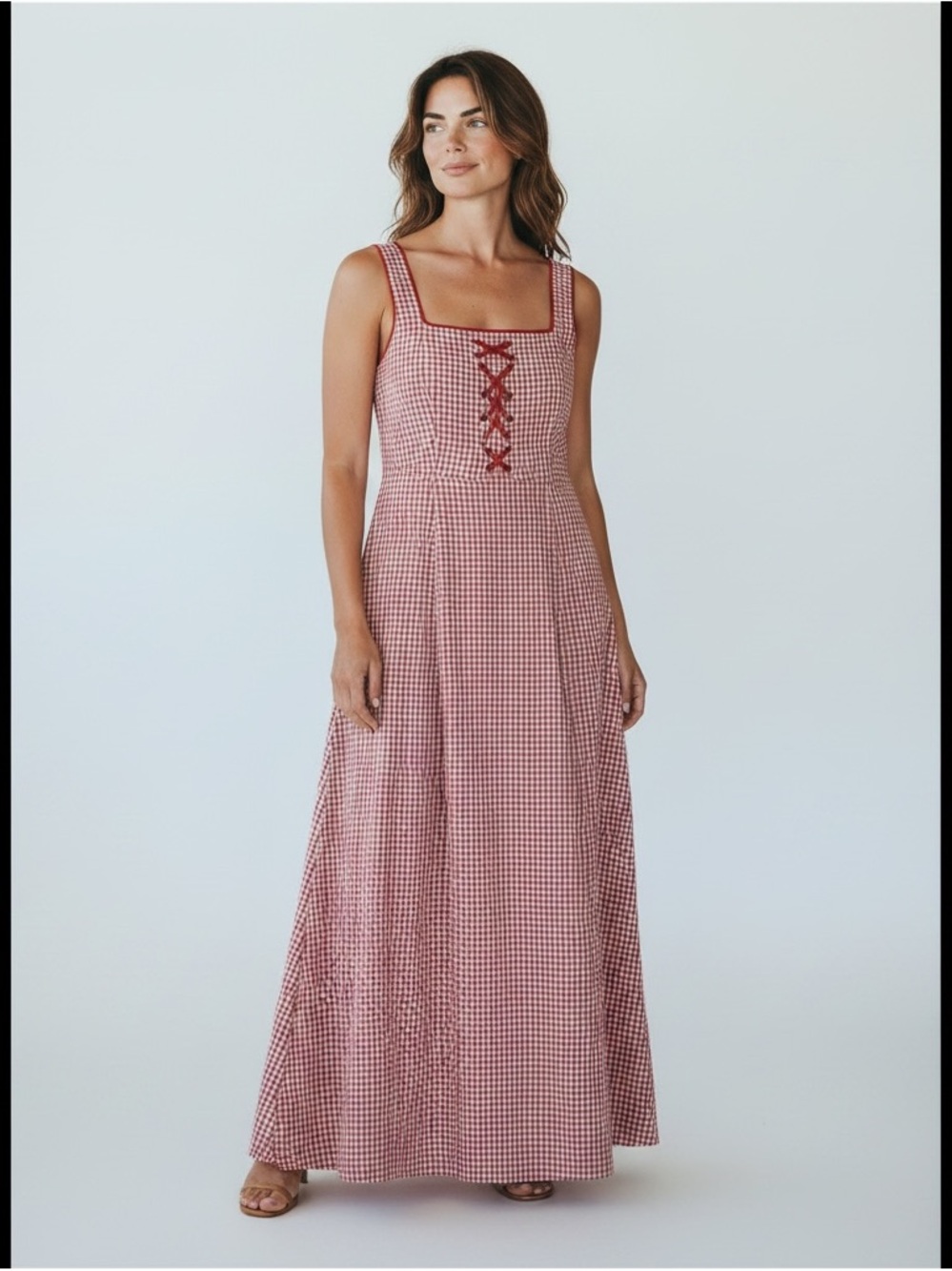 Rachel Zoe Red Gingham Maxi Dress with Lace-Up Bodice NWOT Size 4